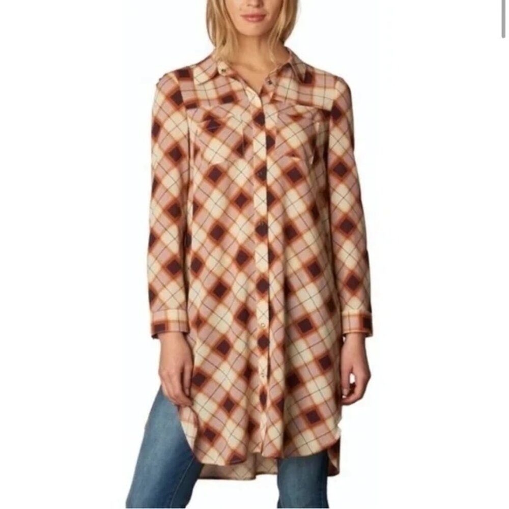 PrAna Flint Orange Rust Plaid Tunic Top Mini Dress Blouse Shirt